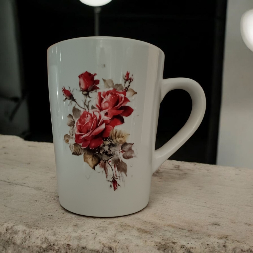 Handcrafted Floral White Mug with Red Rose Design